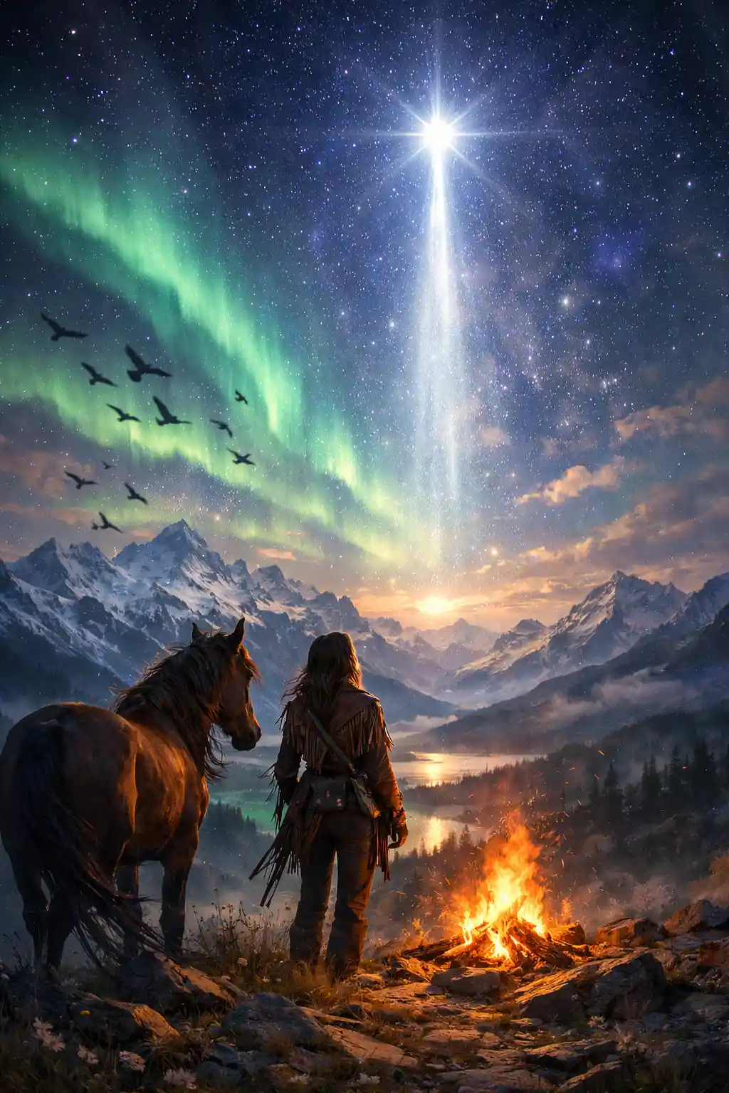 Lonely figure gazing at a guiding light in the sky