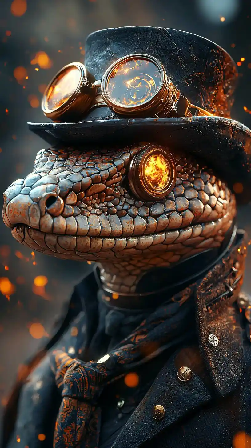 Majestic steampunk snake portrait with glowing embers