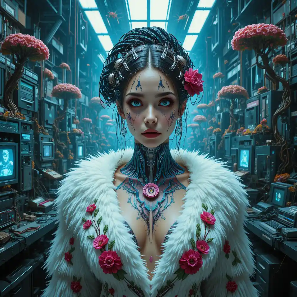 Biomechanical cyberpunk woman in glowing glitch laboratory
