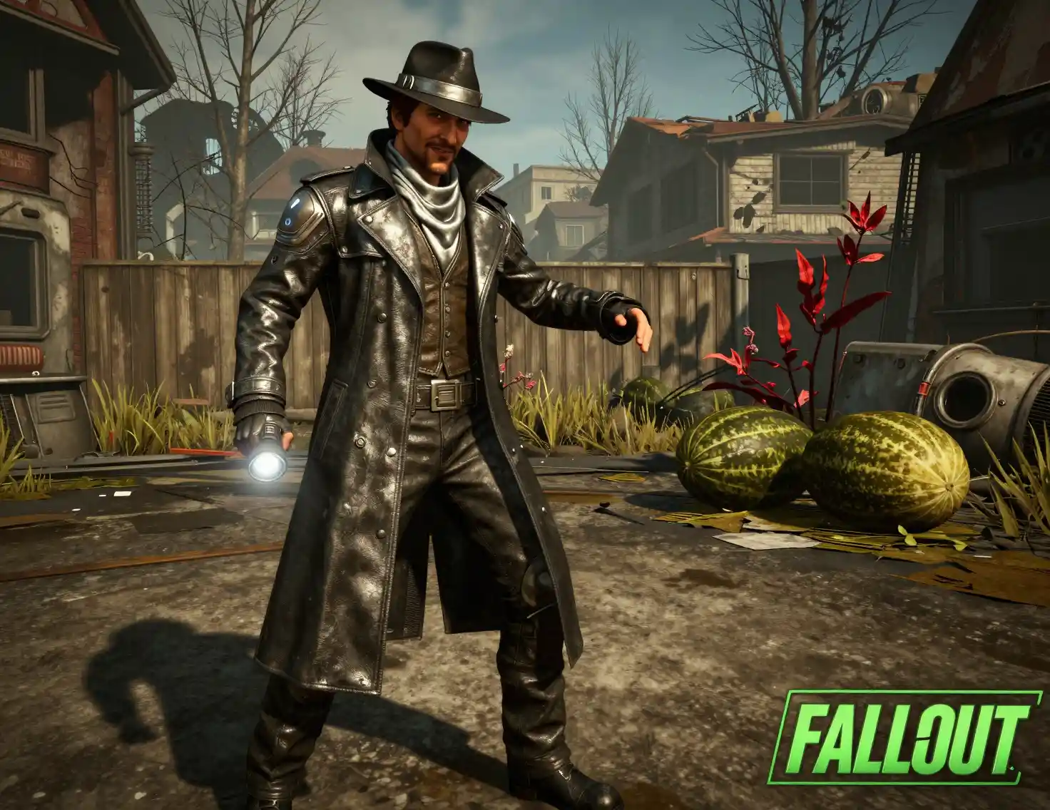 Sci fi detective posing in a ruined outdoor settlement