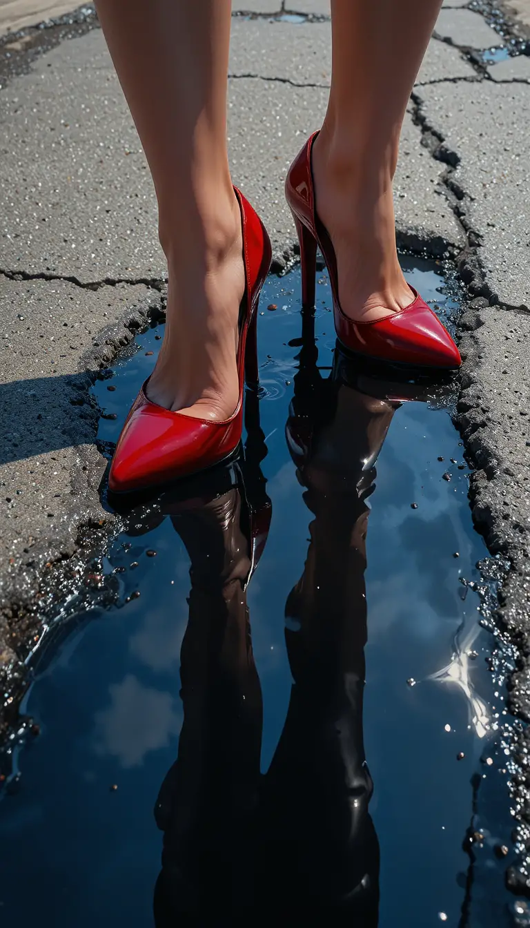 Red high heels reflected in black oil on concrete