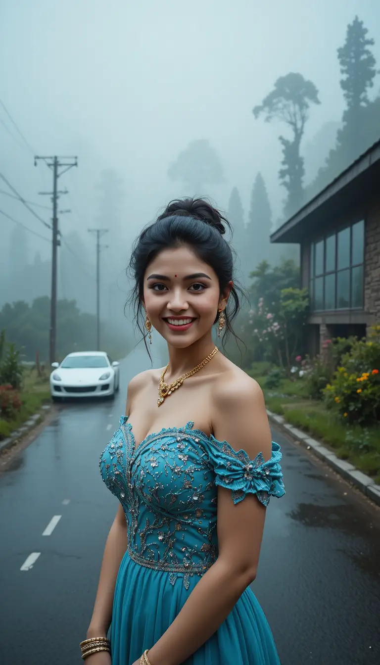 Joyful Indian woman in ornate dress on misty road