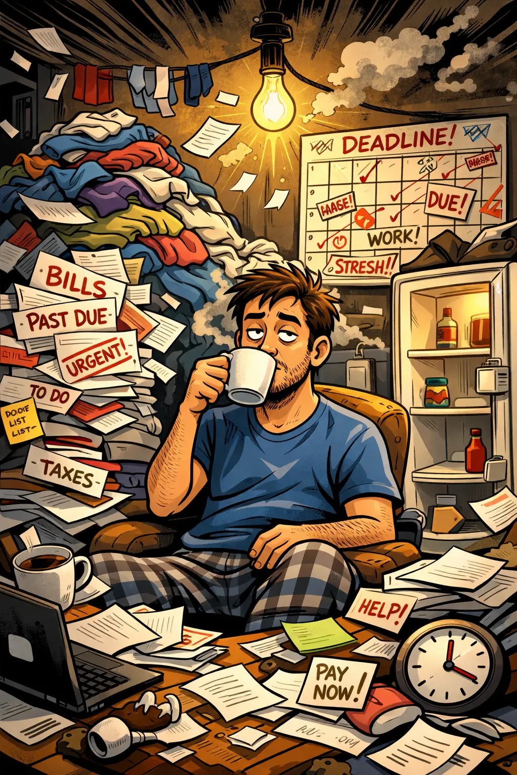 カオスな散らかった部屋でコーヒーをすする落ち着いた大人