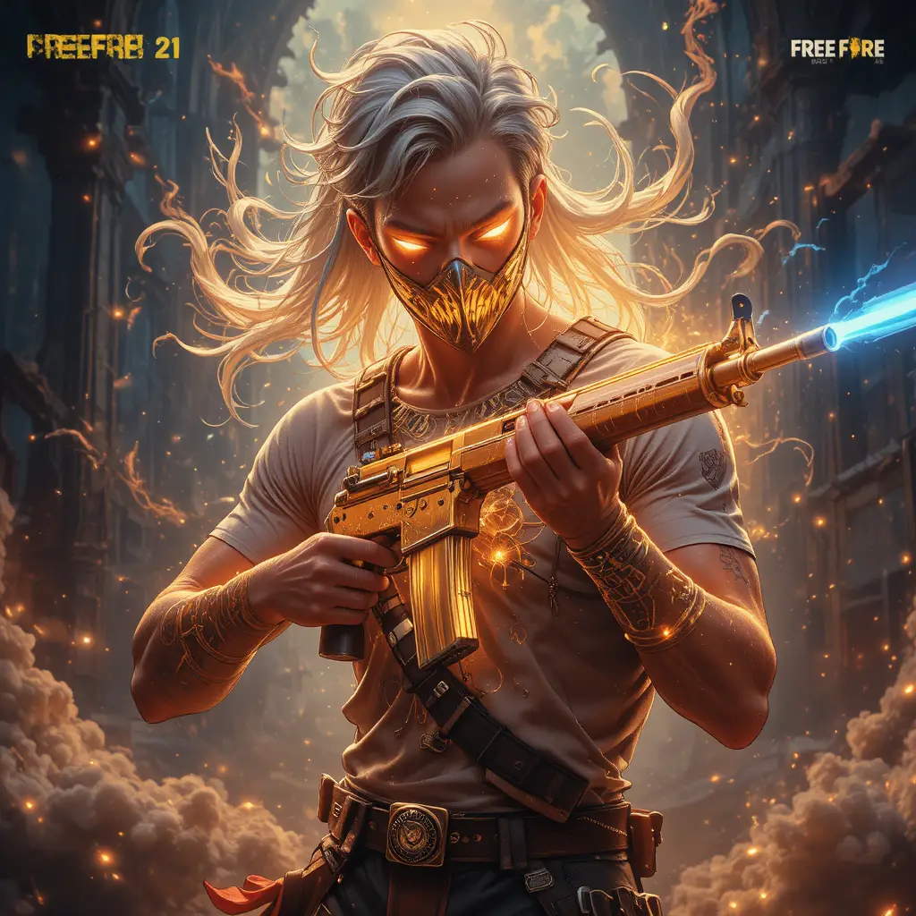 Masked warrior man holding glowing golden sniper rifle