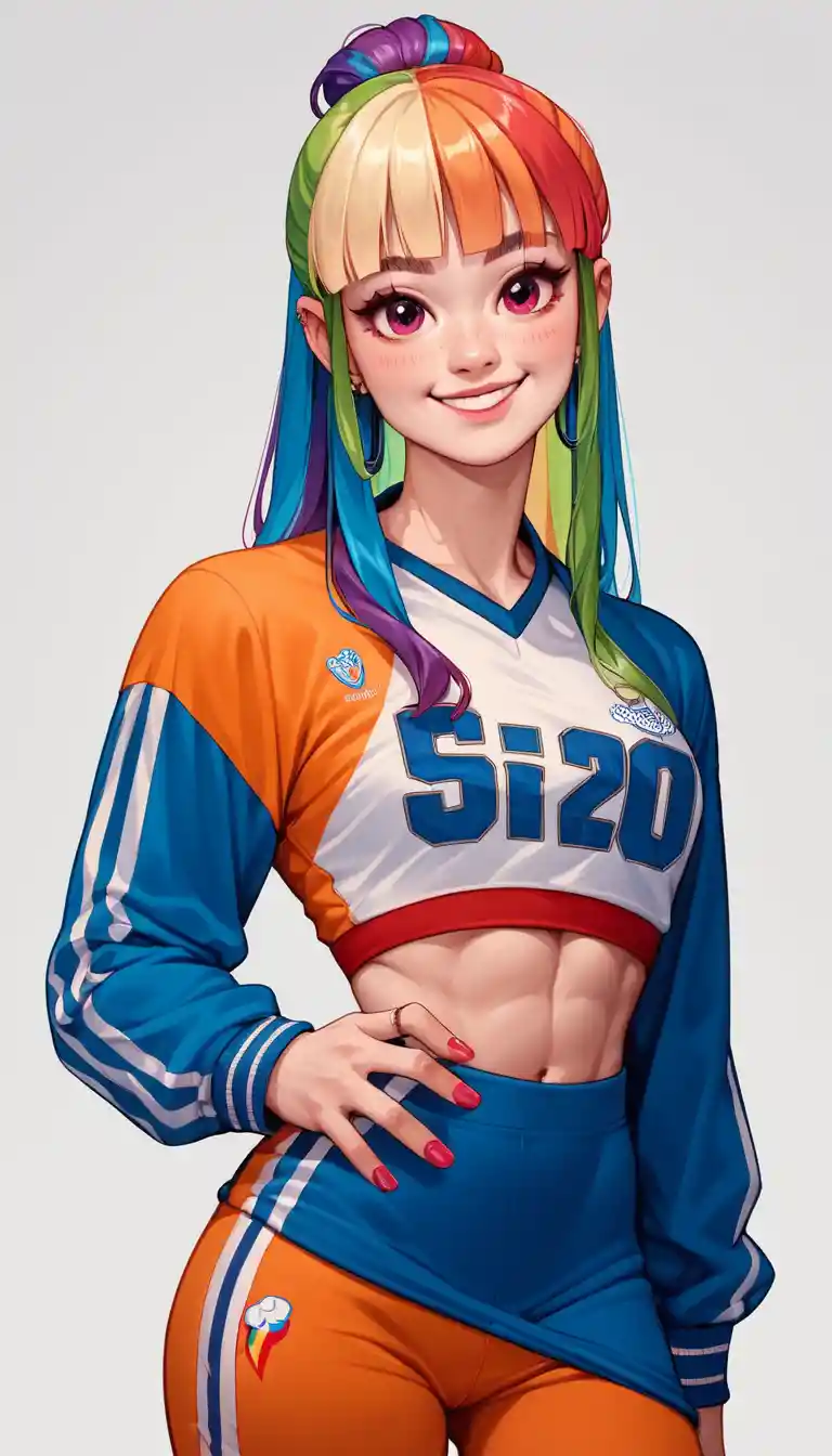 Lächelnde Anime-Frau im Fußballtrikot mit Regenbogenhaar