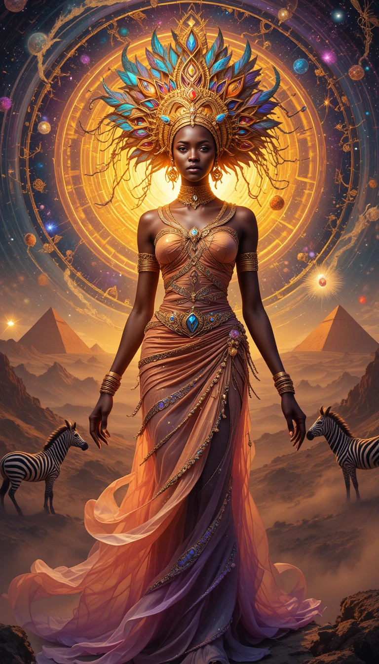 Strahlende afrikanische Frau in einer wirbelnden kosmischen Traumlandschaft