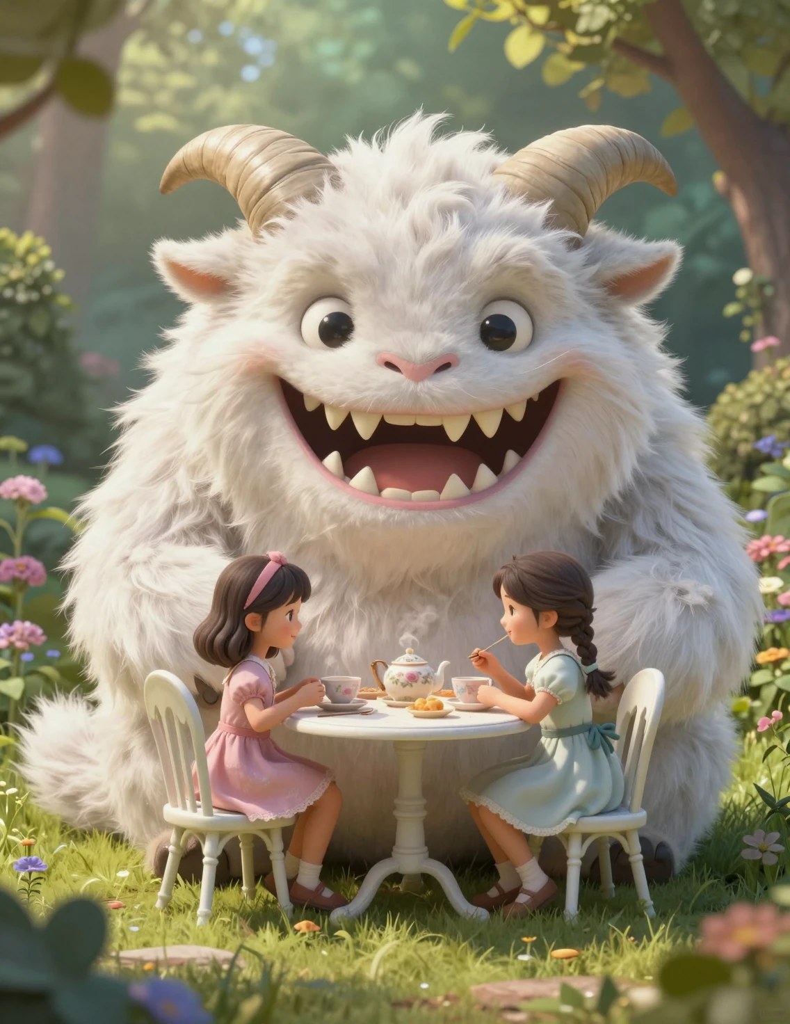 Pequeña niña comparte el té de la mañana con un monstruo amigable con cuernos