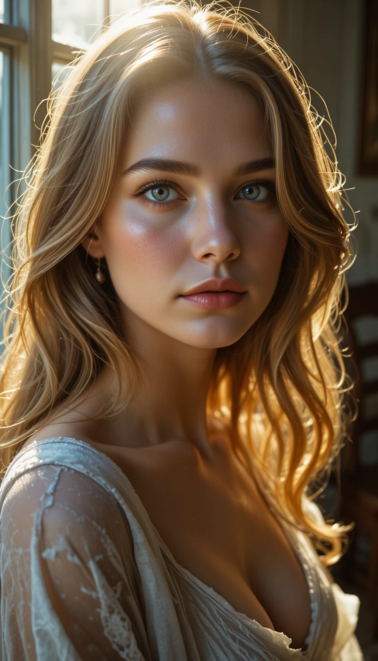 Cinematic close up of a woman in golden window light