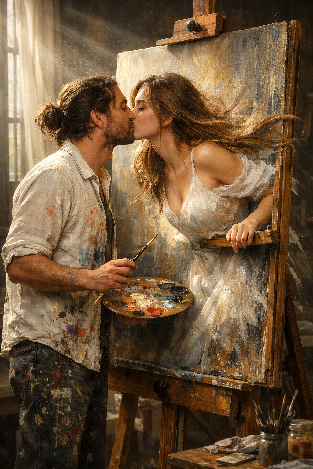 Painter kissed by woman emerging from canvas painting