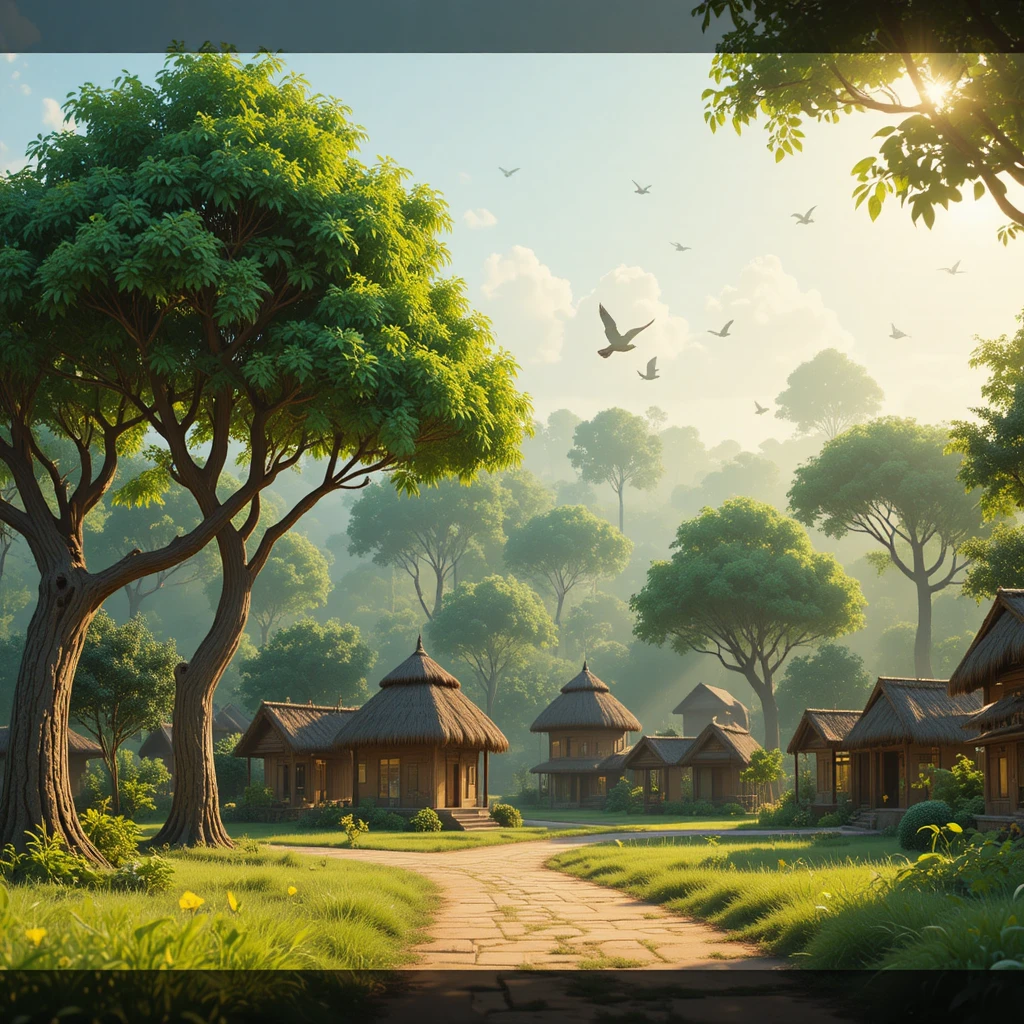 Peaceful 3D Indian village morning with small houses and trees