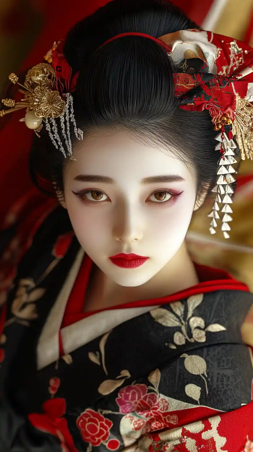 Geisha-Porträt im traditionellen Kimono mit sanfter, beruhigender Beleuchtung