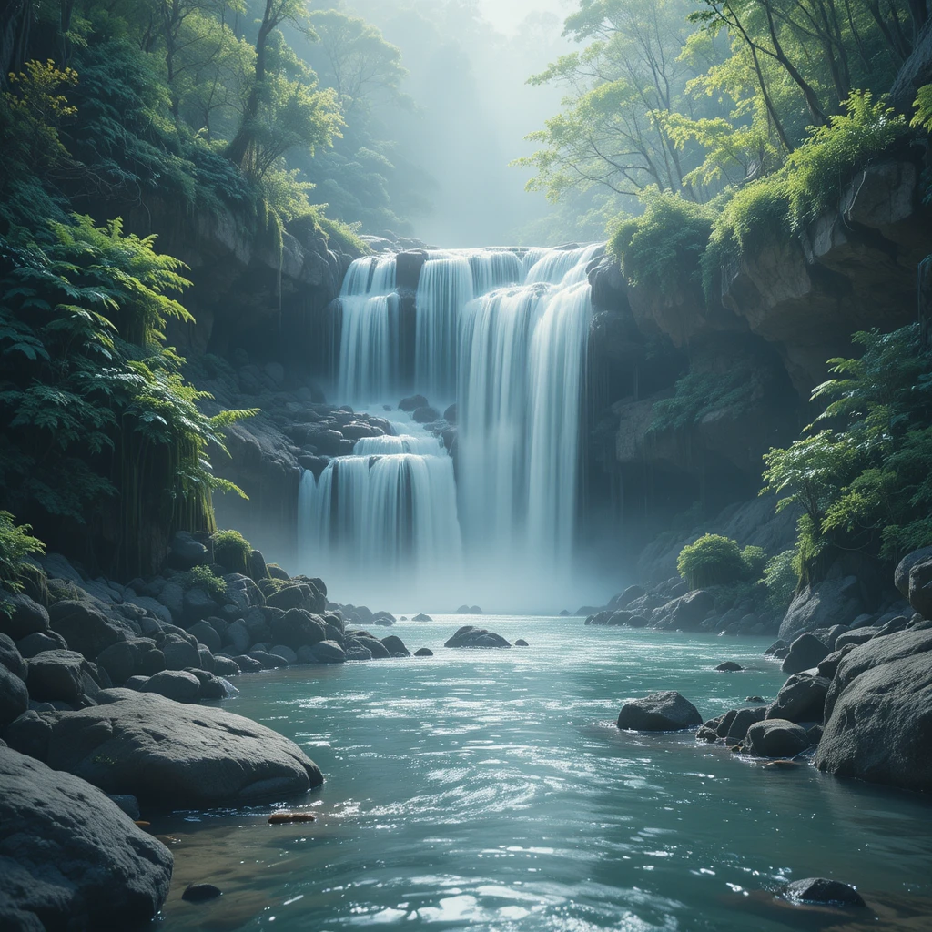 Cascata serena in chiaroscuro con armonia acquamarina