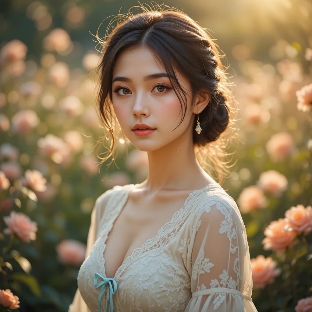 Young woman in a sunlit garden with blooming flowers