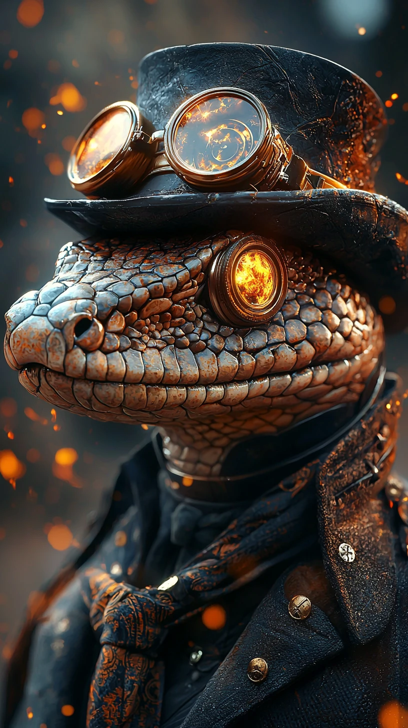 Majestic steampunk snake portrait with glowing embers