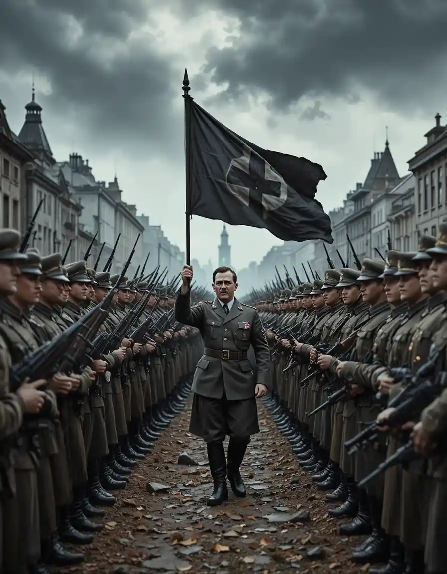 Ranks of uniformed soldiers aligned in a city battlefield