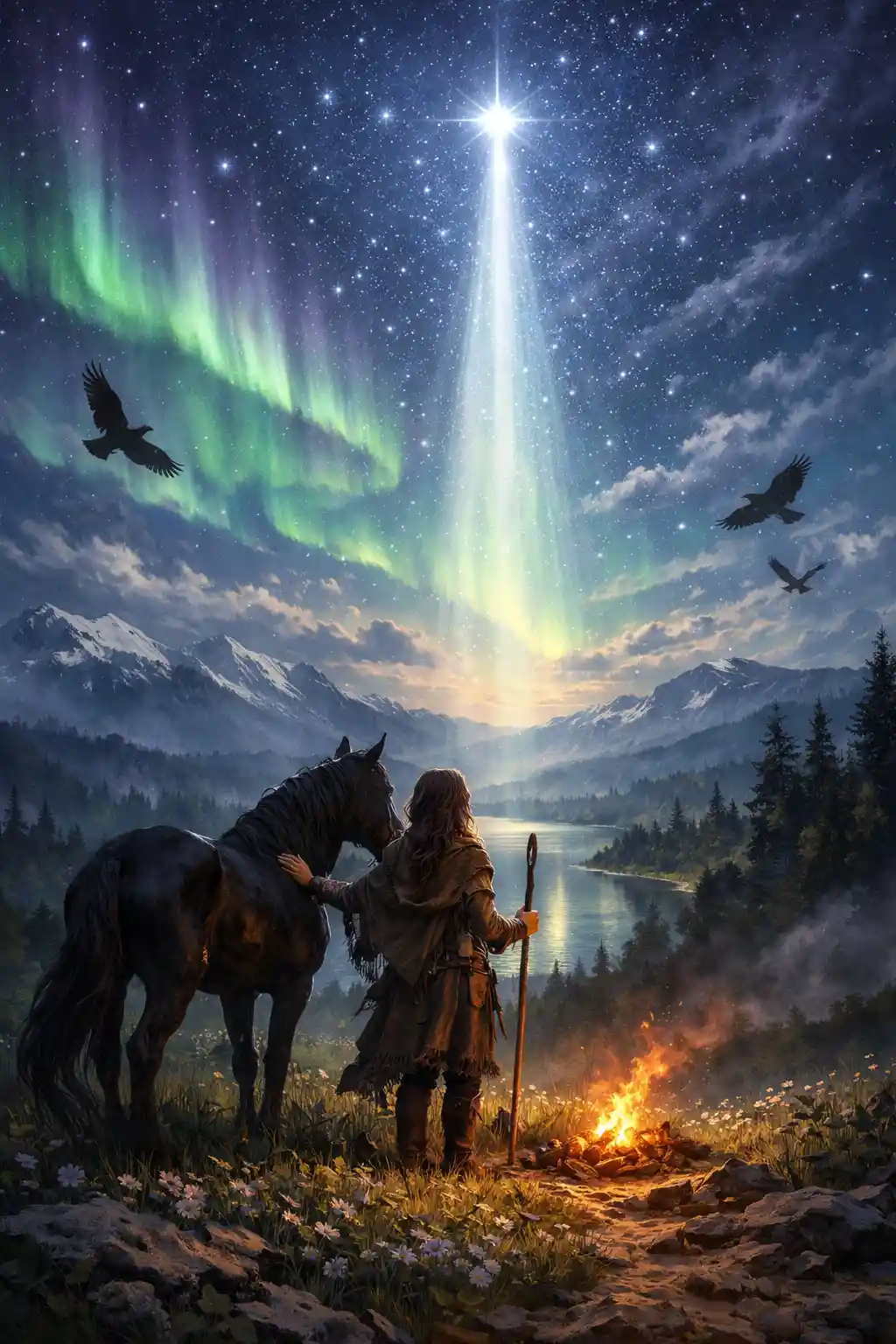 Figura solitaria che contempla una luce guida nel cielo
