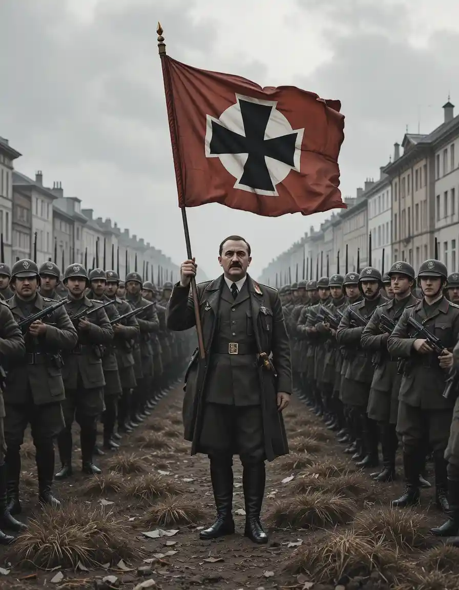 Ranks of soldiers standing in formation in a city