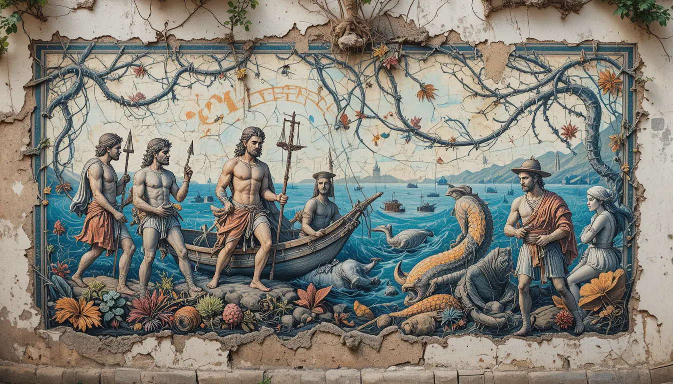 Weathered Mediterranean mural of ancient sailors and sea creatures