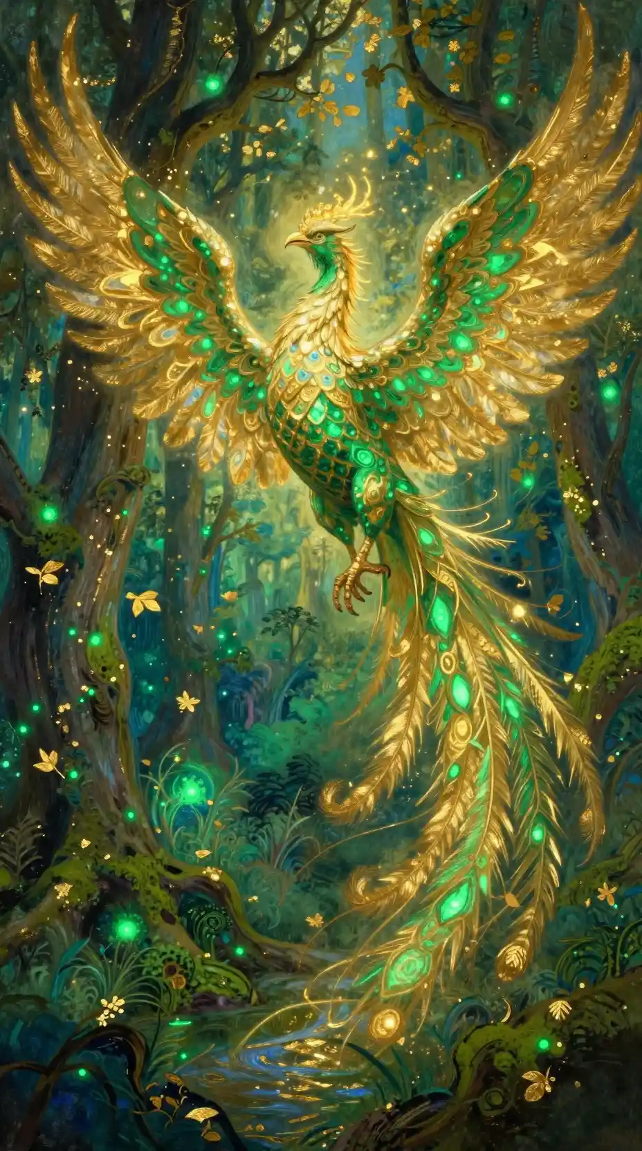 Emerald and gold phoenix rising above glowing ancient forest