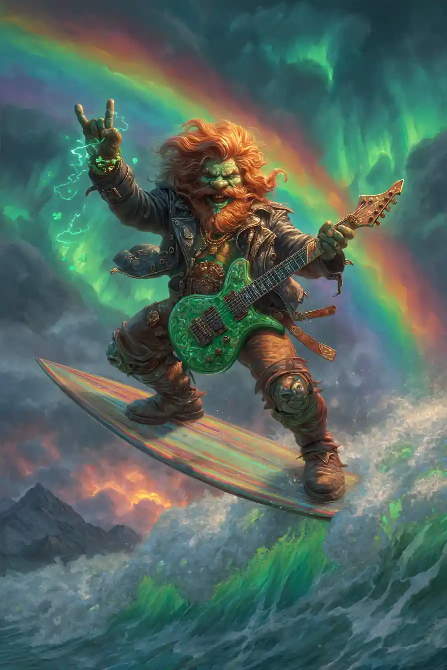 Leprechaun rockstar surfing a glowing rainbow storm
