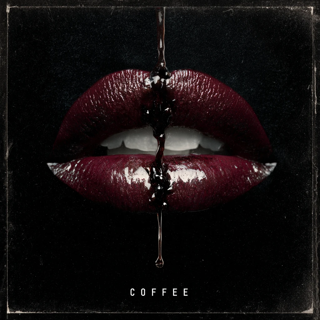 Extreme close up lips with falling coffee on black background