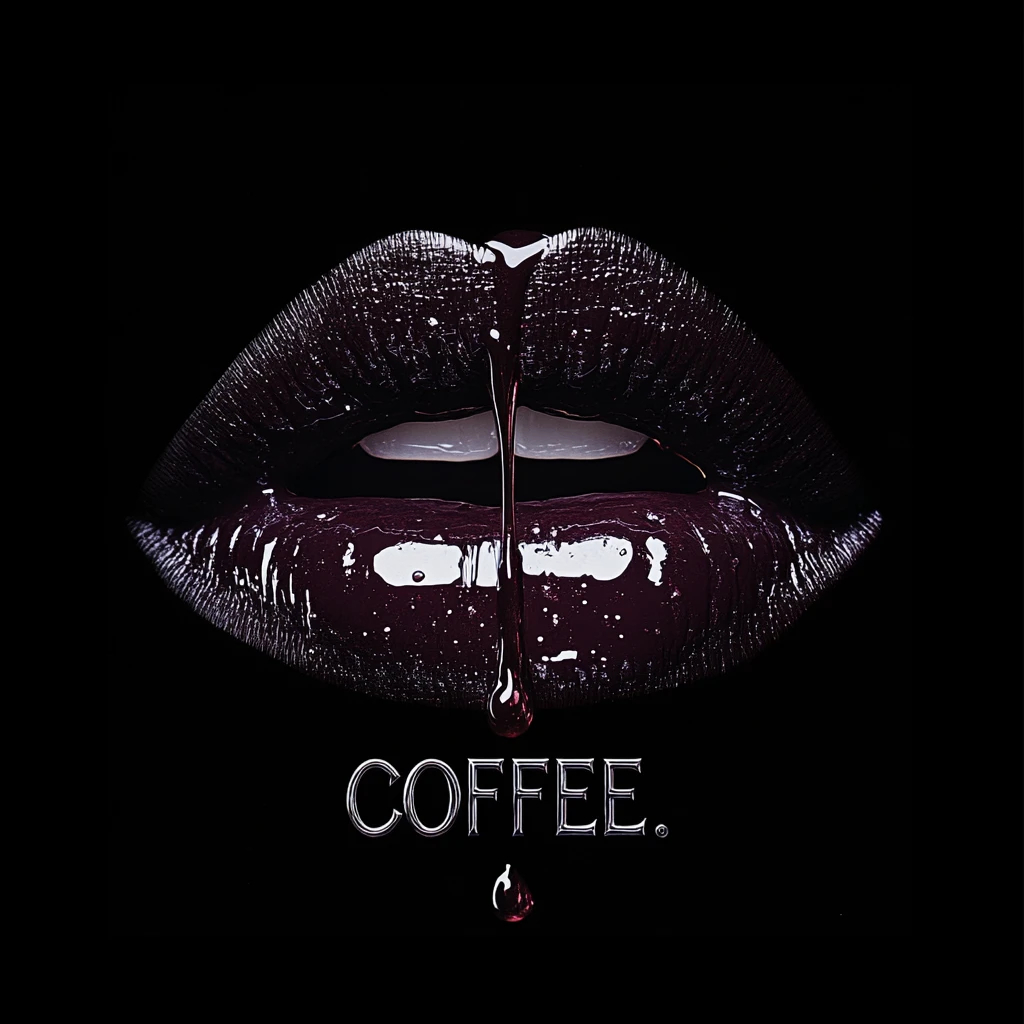 Extreme close up lips with falling coffee on black background