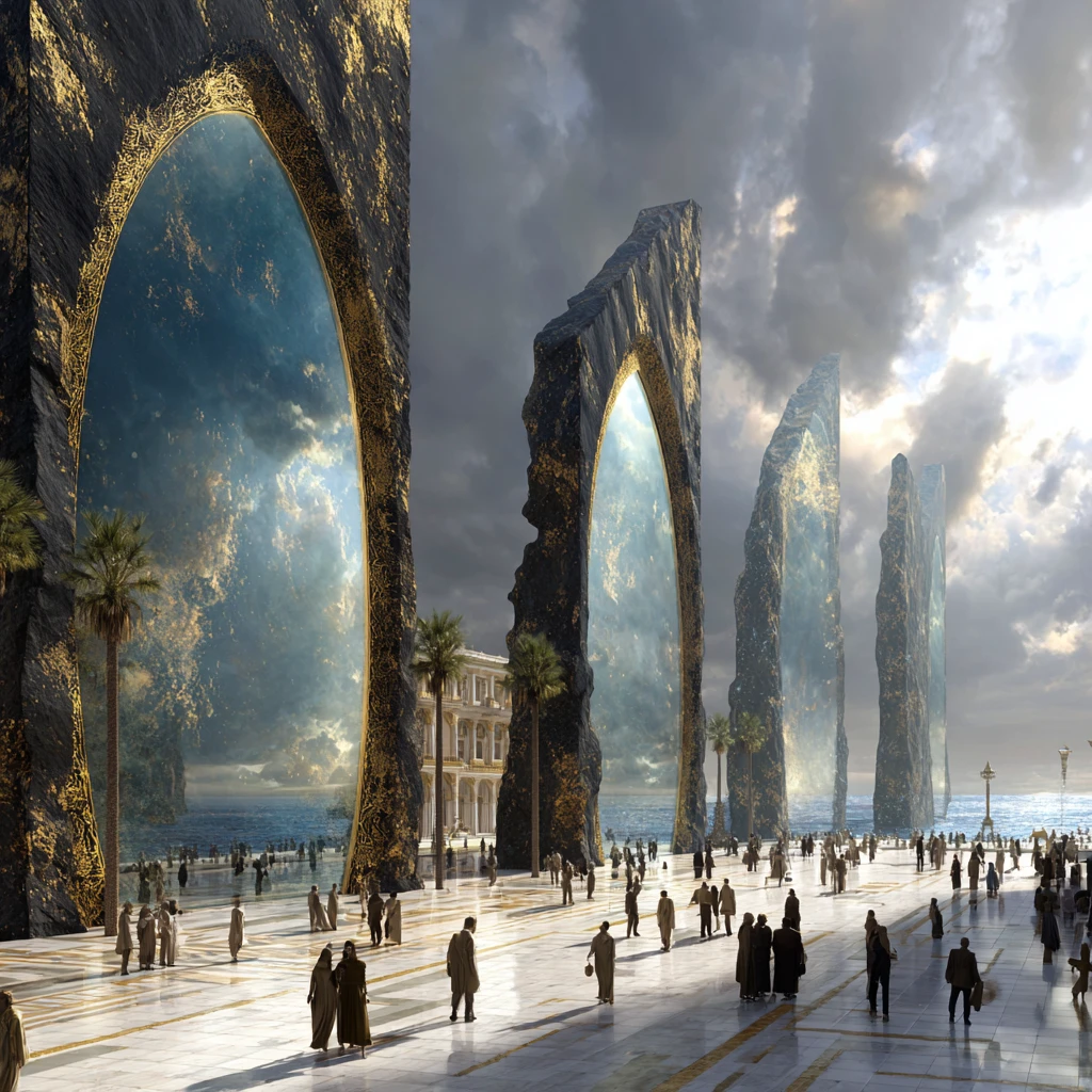 Futuristic marble plaza with colossal mirrored stone arches