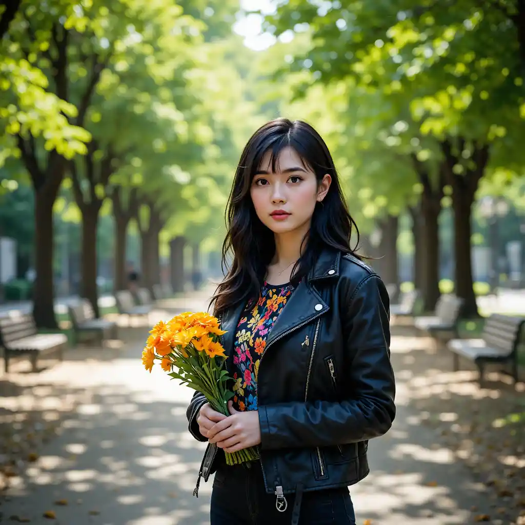 Junge Frau in Lederjacke mit Blumen im Park