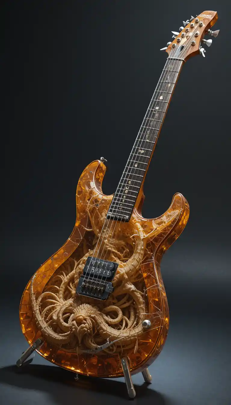 Bernsteinfarbene E-Gitarre mit Drachenskelett und Chromklingen