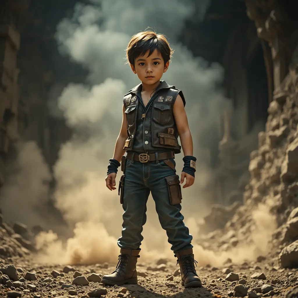 Young boy in rugged outfit posing in smoky mine