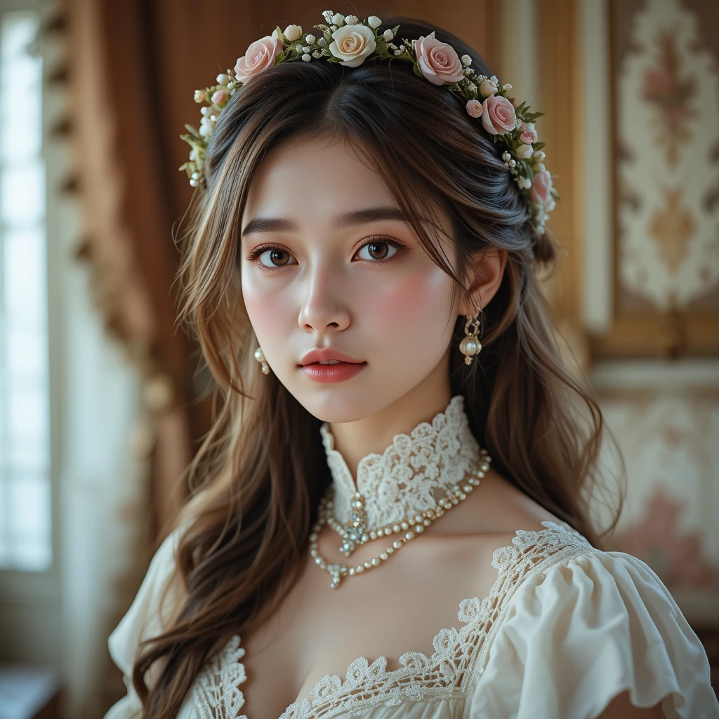 Portrait en gros plan d’une jeune femme avec couronne de fleurs et perles
