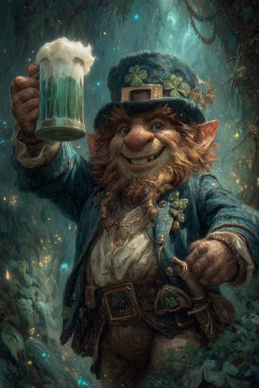 森の木立で緑のビールで乾杯する陽気なレプラコーン