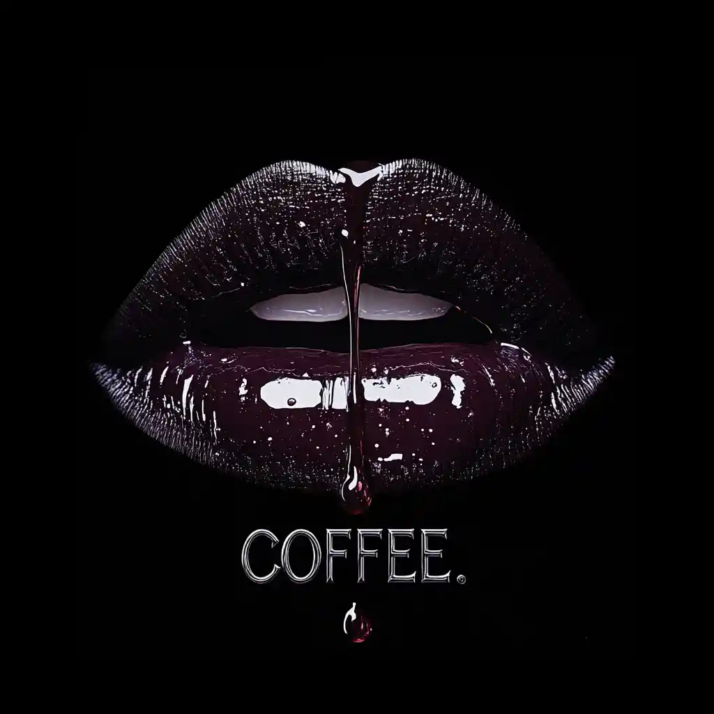 Extreme close up lips with falling coffee on black background
