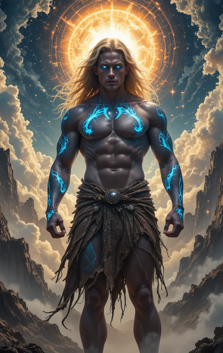 Muscular man with glowing markings in a cosmic landscape