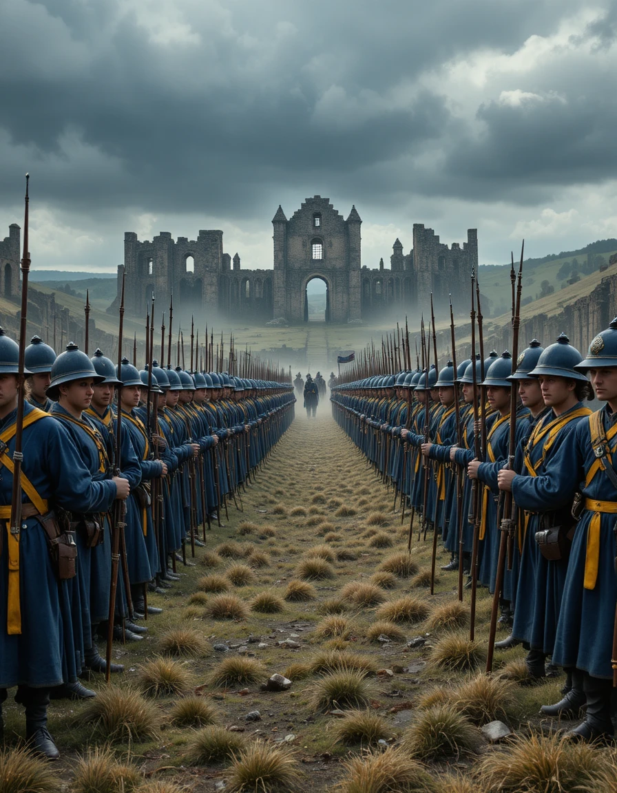 Swedish soldiers in formation on a ruined battlefield