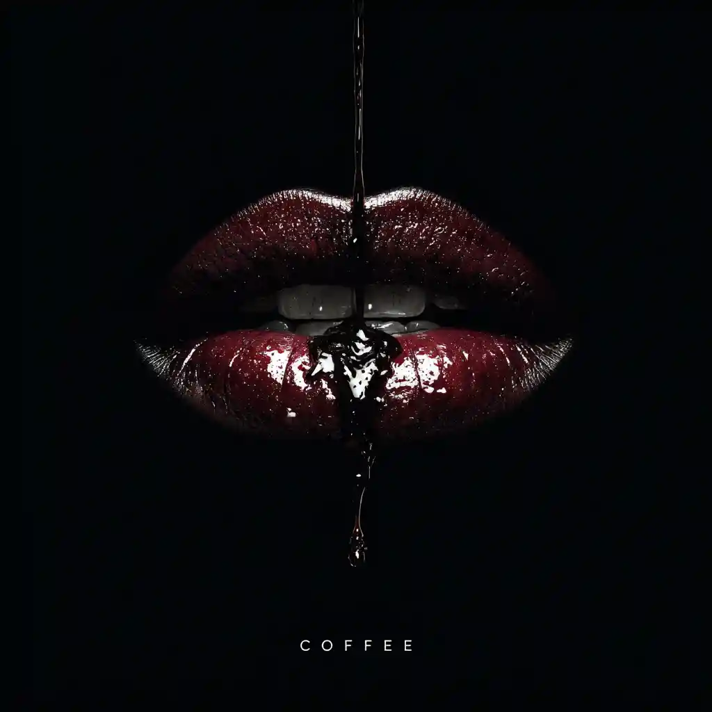 Glossy Burgundy Lips Hit By Falling Coffee Stream