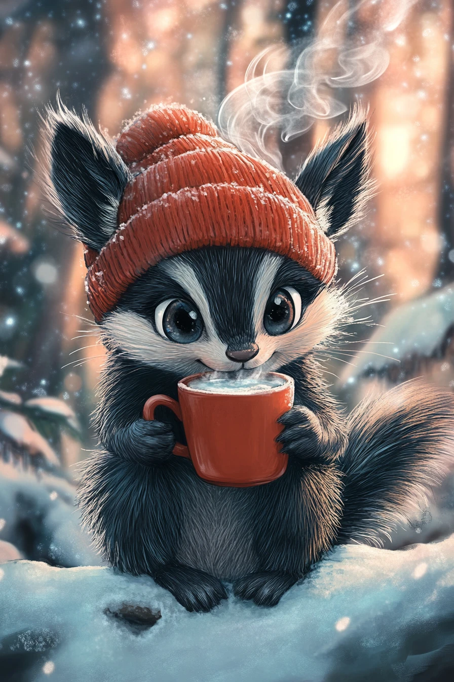 Cute anime skunk in snowy forest sipping hot coffee