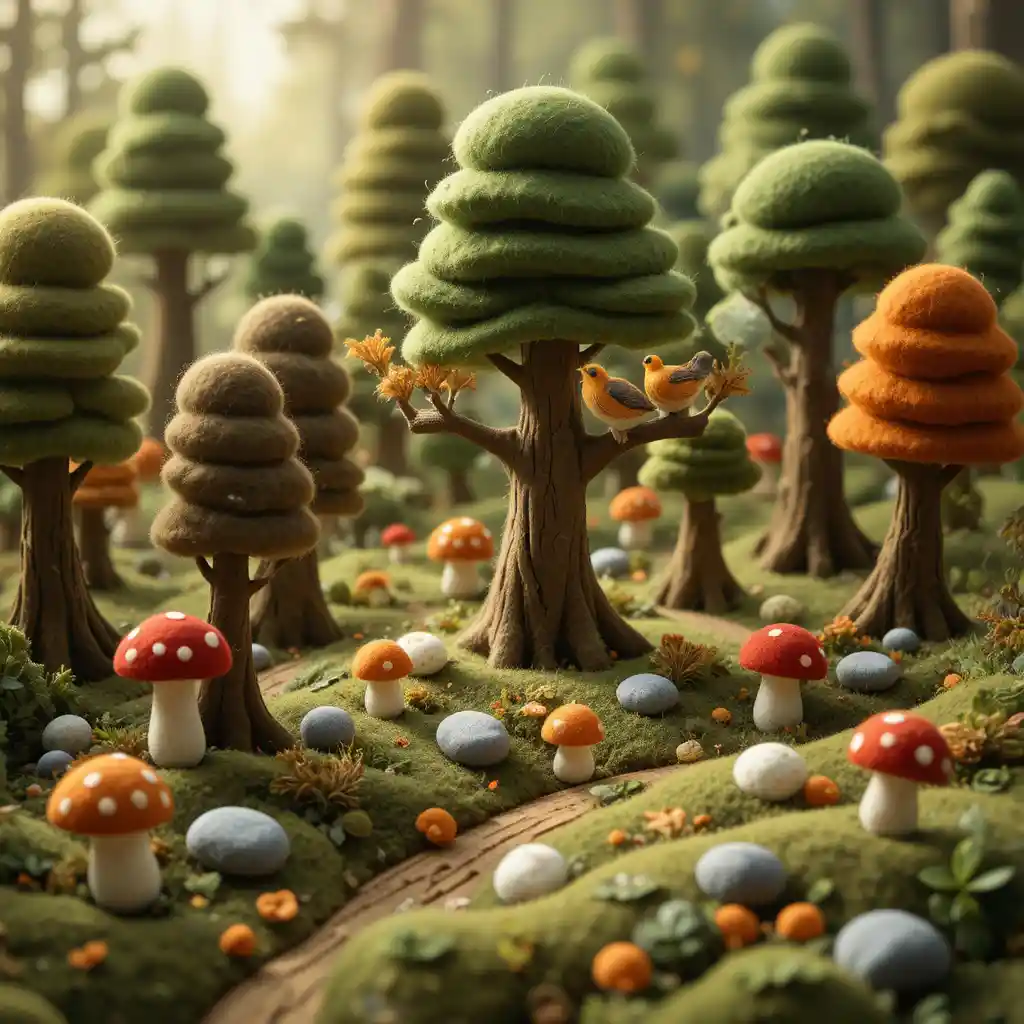 Miniature Felt Forest With Soft Trees And Mushrooms