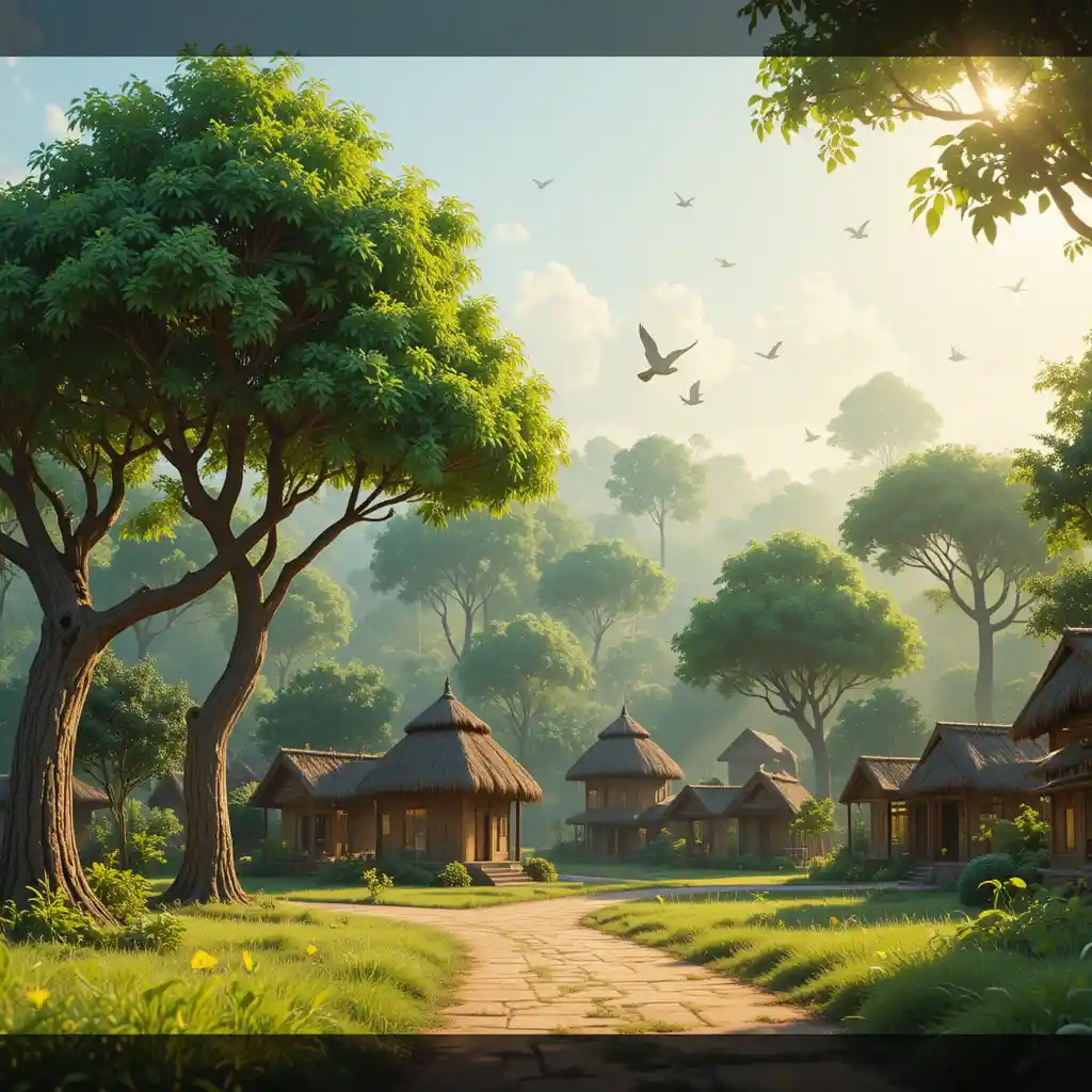 Peaceful 3D Indian village morning with small houses and trees