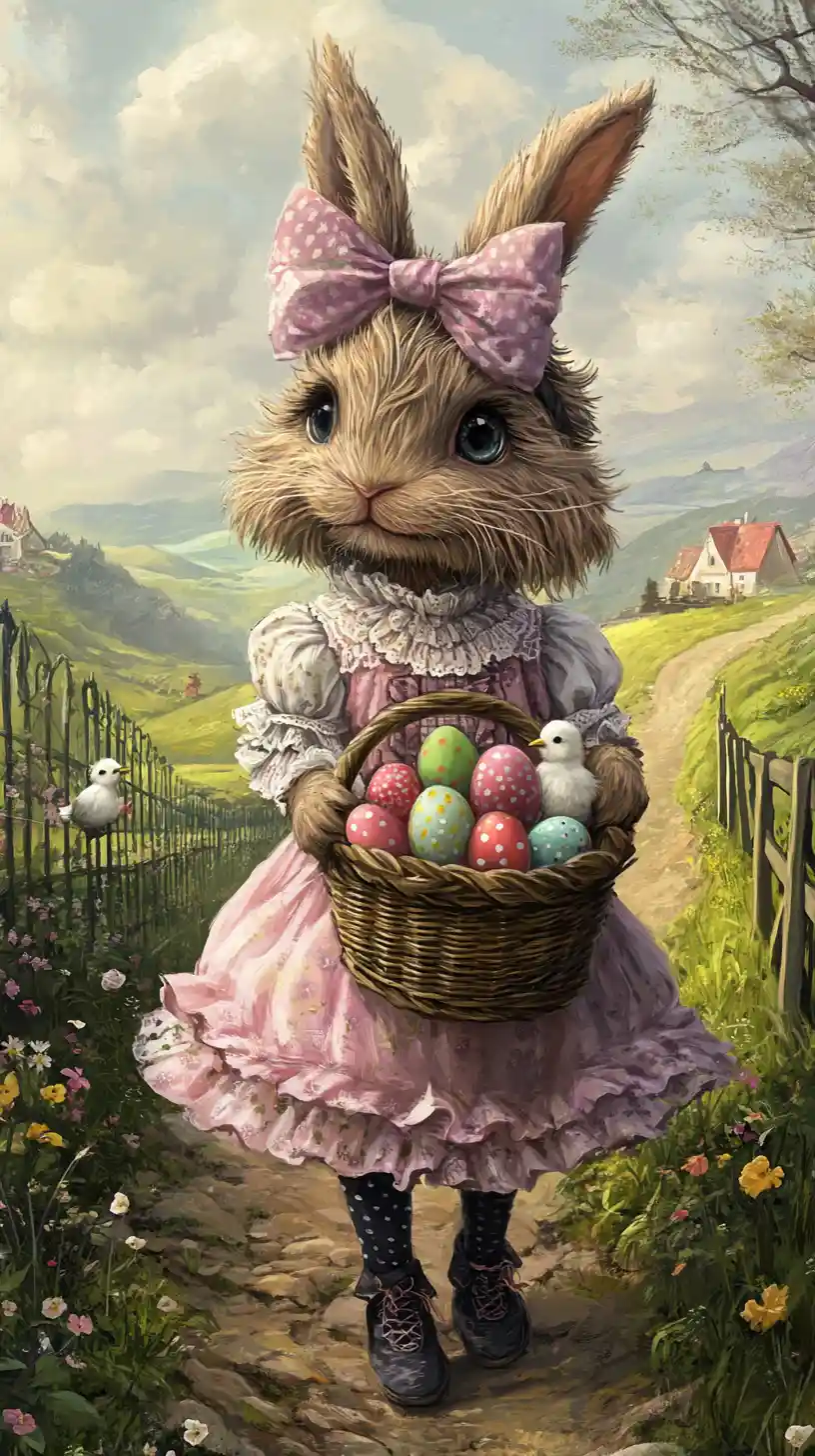 Coniglio di Pasqua antropomorfo con tutù e cestino di uova