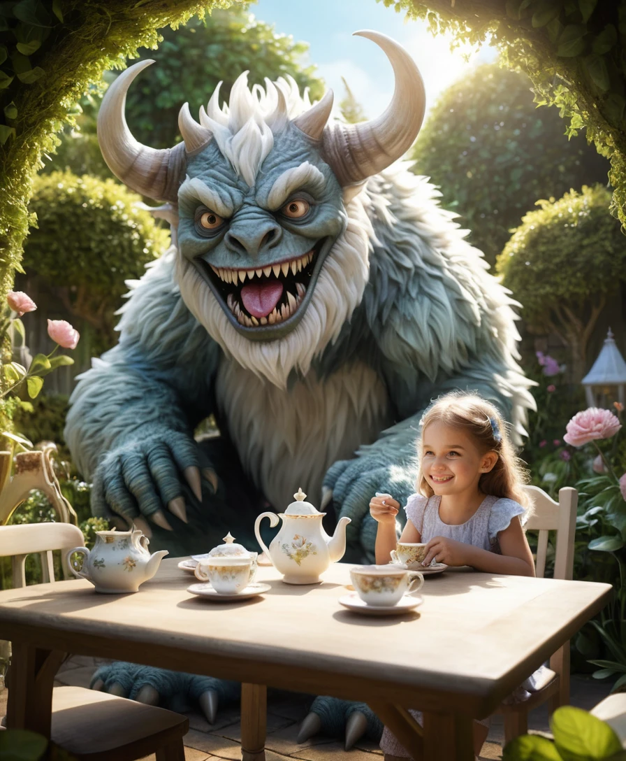 Pequeña niña compartiendo el té de la mañana con un monstruo gigante y esponjoso