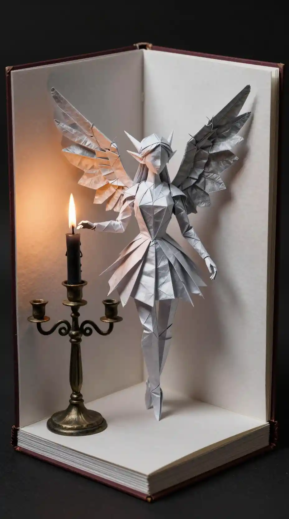 Fata origami con ali d’argento in un libro pop-up
