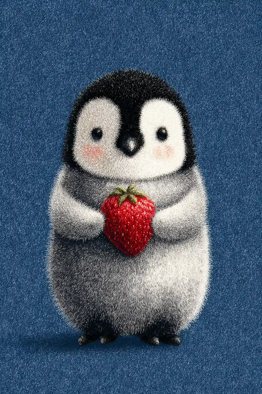 Cute penguin holding a strawberry in woolen textured art