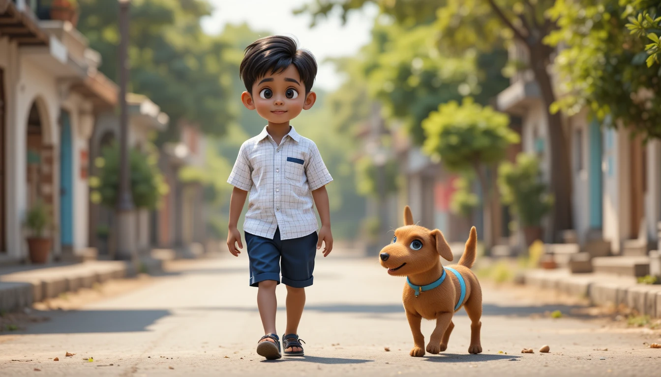 Junge geht mit kleinem Hund auf sonniger Straße 3D‑Illustration