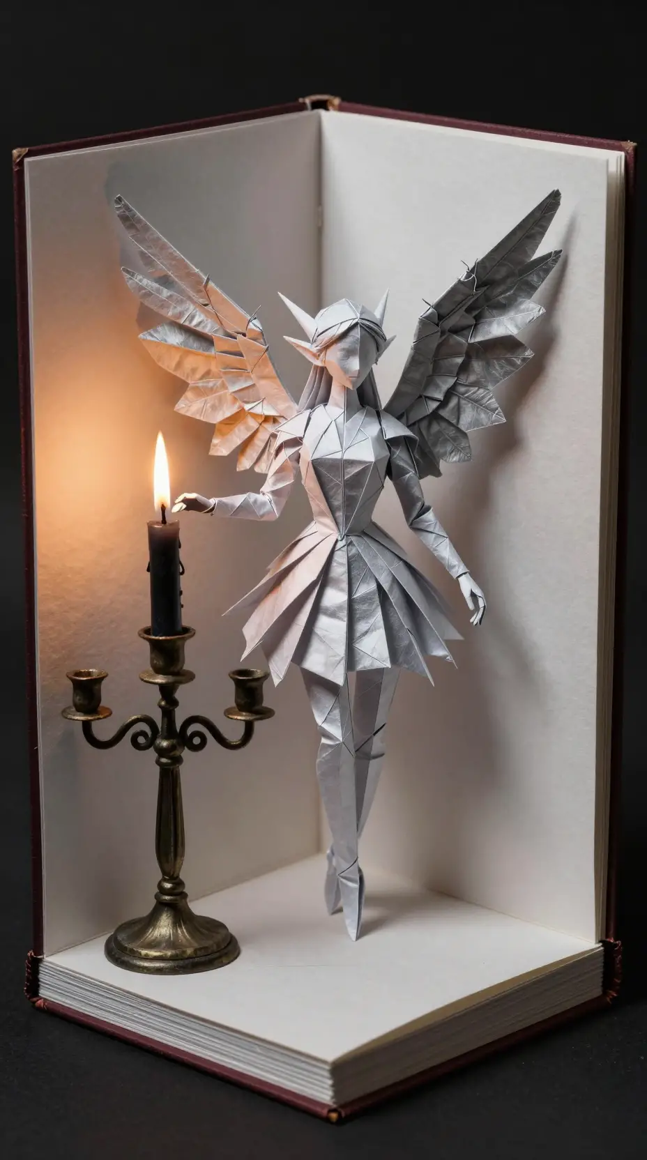 Origami fairy with silver wings in a pop up book