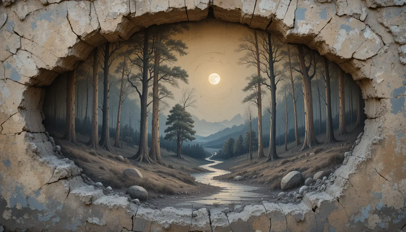 Weathered forest mural under a glowing full moon