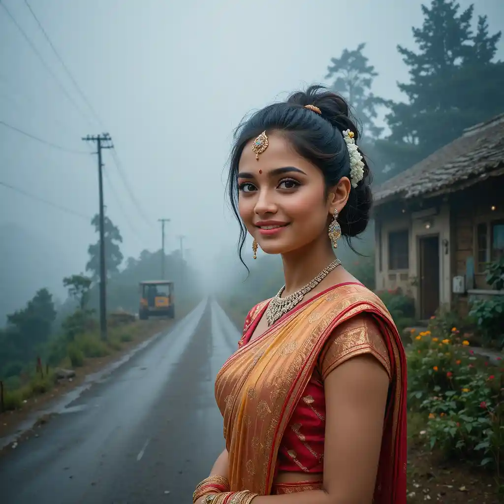 Portrait d’une jeune fille indienne souriante en sari traditionnel