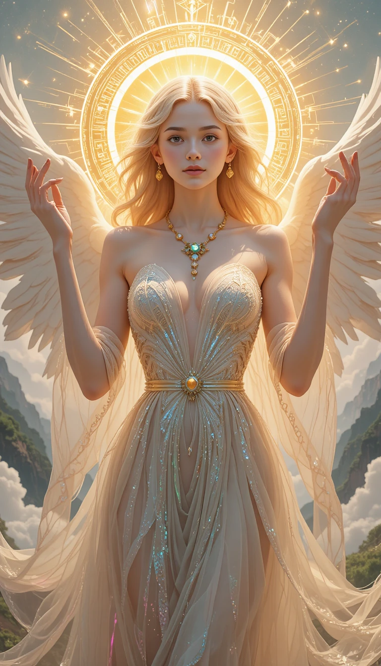 Radiant sun goddess with angel wings above the earth