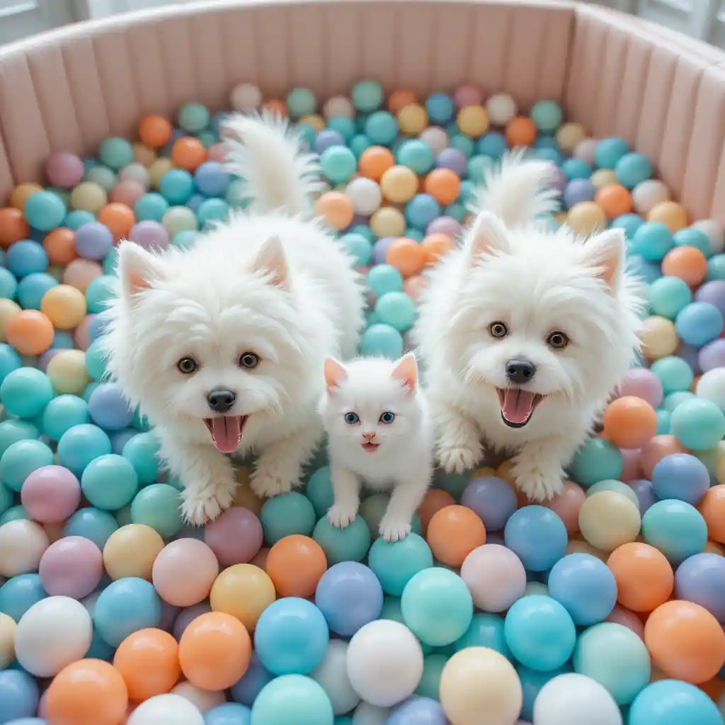 Mascotas blancas y juguetonas lanzándose a una colorida piscina de bolas interior