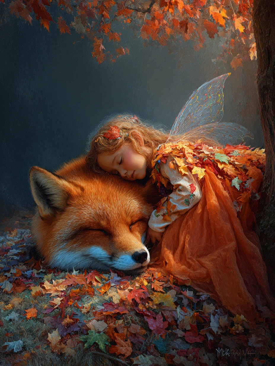 Sleeping fox and tiny fairy in a misty autumn forest